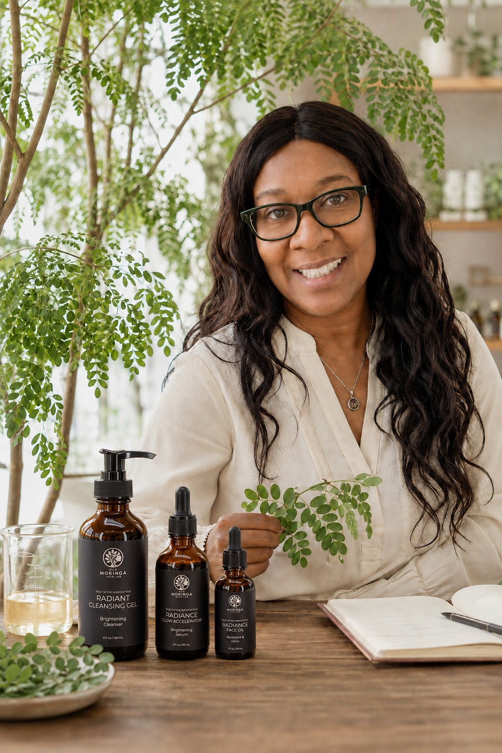 Kimberly, founder of Our Moringa Skin Lab, with the Moringa Radiance Ritual