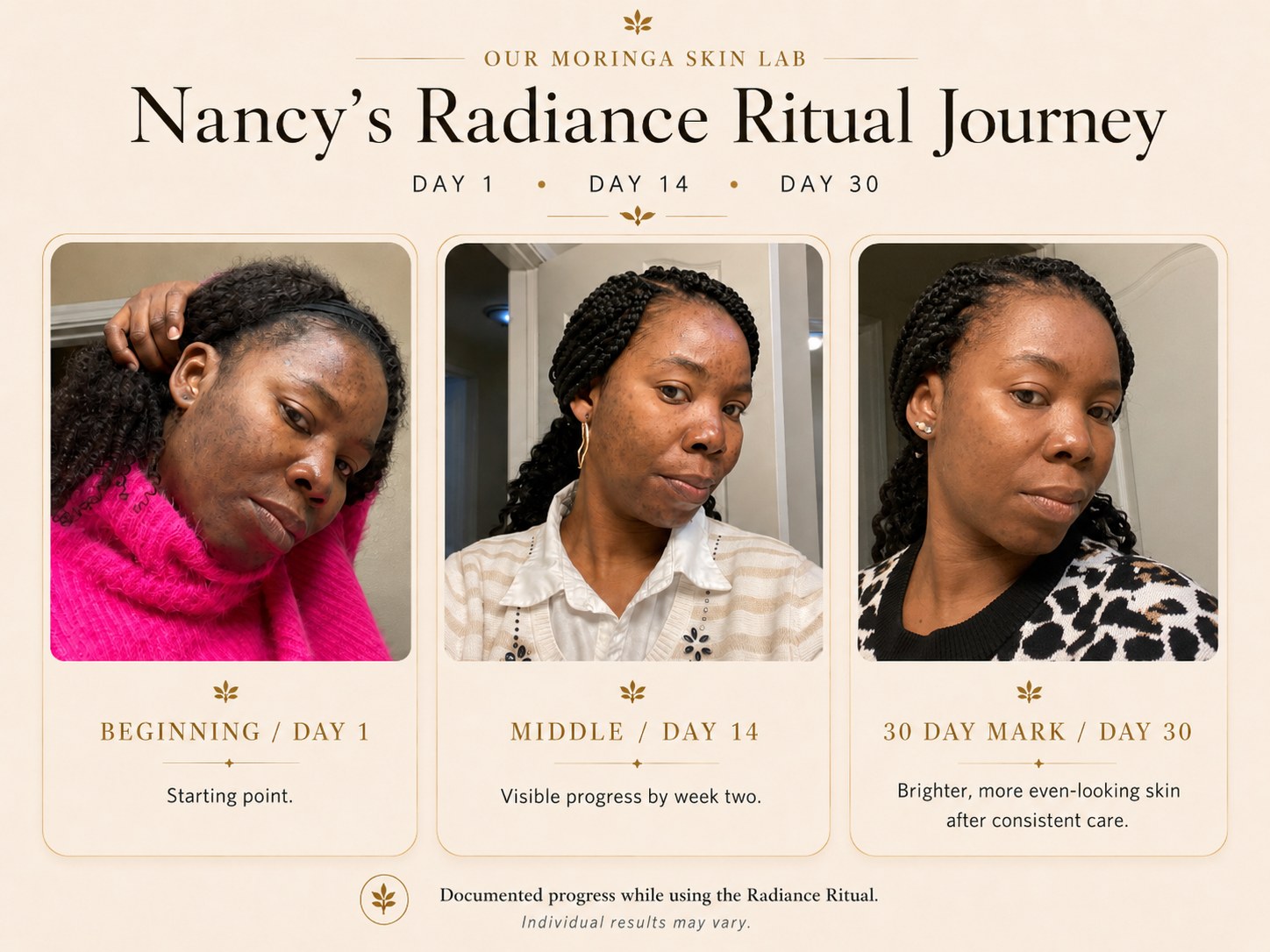 Nancy's Radiance Ritual journey — Day 1, Day 14, and Day 30