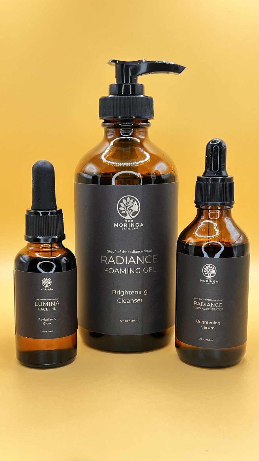 Radiance Foaming Gel, Radiance Glow Accelerator, and Lumina Face Oil